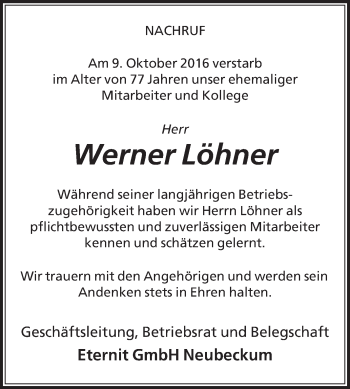 Traueranzeige von Werner Löhner von Die Glocke