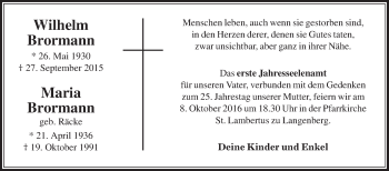 Traueranzeige von Wilhelm, Maria Brormann von Die Glocke