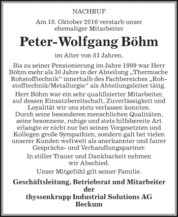 Traueranzeige von Peter-Wolfgang Böhm von Die Glocke