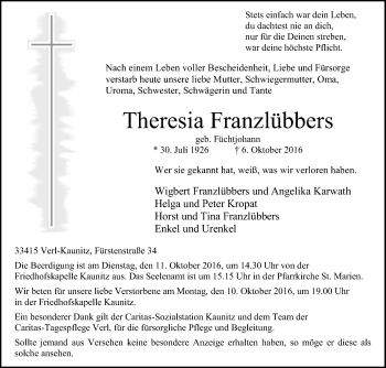 Traueranzeige von Theresia Franzlübbers von Die Glocke