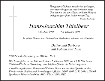 Traueranzeige von Hans-Joachim Thielbeer von Die Glocke