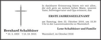 Traueranzeige von Bernhard Schabhüser von Die Glocke