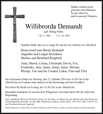 Traueranzeige von Willibrorda Demandt von Die Glocke