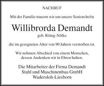 Traueranzeige von Willibrorda Demandt von Die Glocke