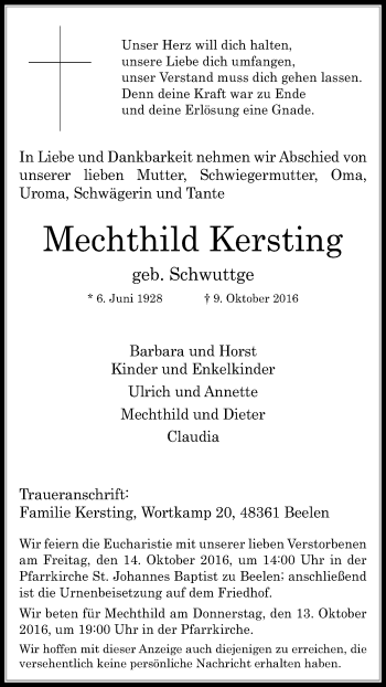 Traueranzeige von Mechthild Kersting von Die Glocke