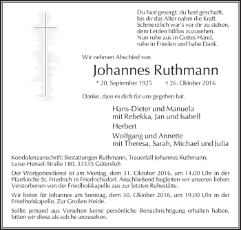 Traueranzeige von Johannes Ruthmann von Die Glocke