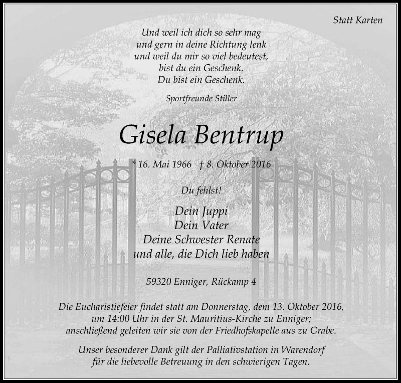  Traueranzeige für Gisela Bentrup vom 11.10.2016 aus Die Glocke