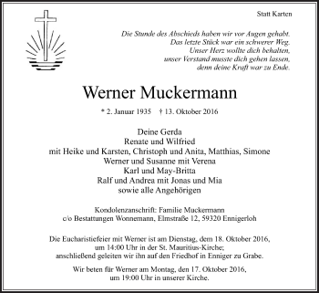 Traueranzeige von Werner Muckermann von Die Glocke