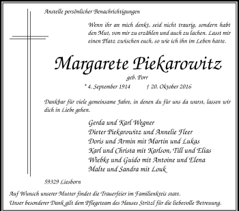 Traueranzeige von Margarete Piekarowitz von Die Glocke