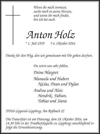 Traueranzeige von Anton Holz von Die Glocke