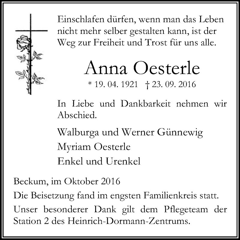  Traueranzeige für Anna Oesterle vom 08.10.2016 aus Die Glocke