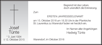 Traueranzeige von Josef Tünte von Die Glocke