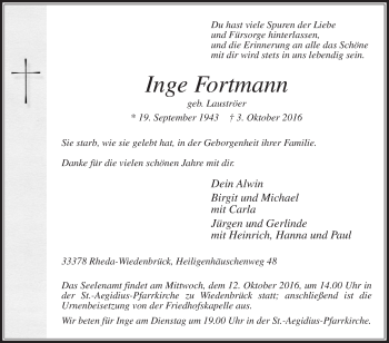 Traueranzeige von Inge Fortmann von Die Glocke