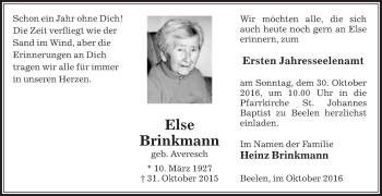 Traueranzeige von Else Brinkmann von Die Glocke