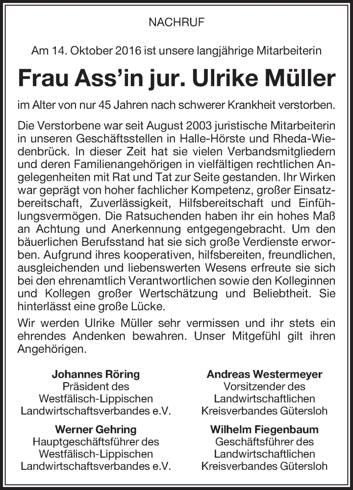  Traueranzeige für Ulrike Müller vom 18.10.2016 aus Die Glocke