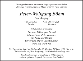 Traueranzeige von Peter-Wolfgang Böhm von Die Glocke