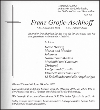 Traueranzeige von Franz Große-Aschhoff von Die Glocke