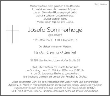 Traueranzeige von Josefa Sommerhage von Die Glocke