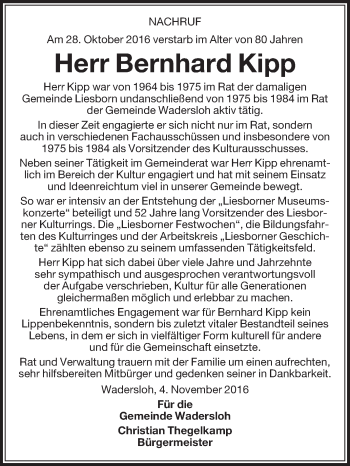 Traueranzeige von Bernhard Kipp von Die Glocke