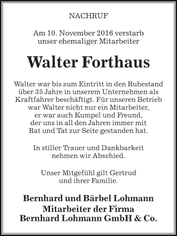 Traueranzeige von Walter Forthaus von Die Glocke