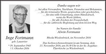 Traueranzeige von Inge Fortmann von Glocke Trauer