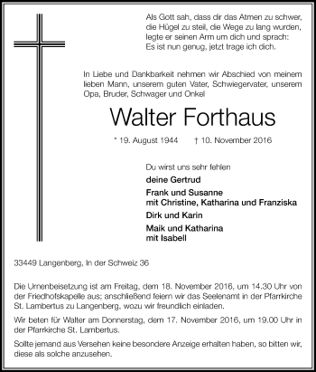 Traueranzeige von Walter Forthaus von Die Glocke