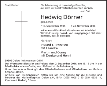 Traueranzeige von Hedwig Dörner von Die Glocke