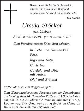 Traueranzeige von Ursula Stöcker von Die Glocke