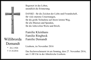 Traueranzeige von Willibrorda Demandt von Die Glocke