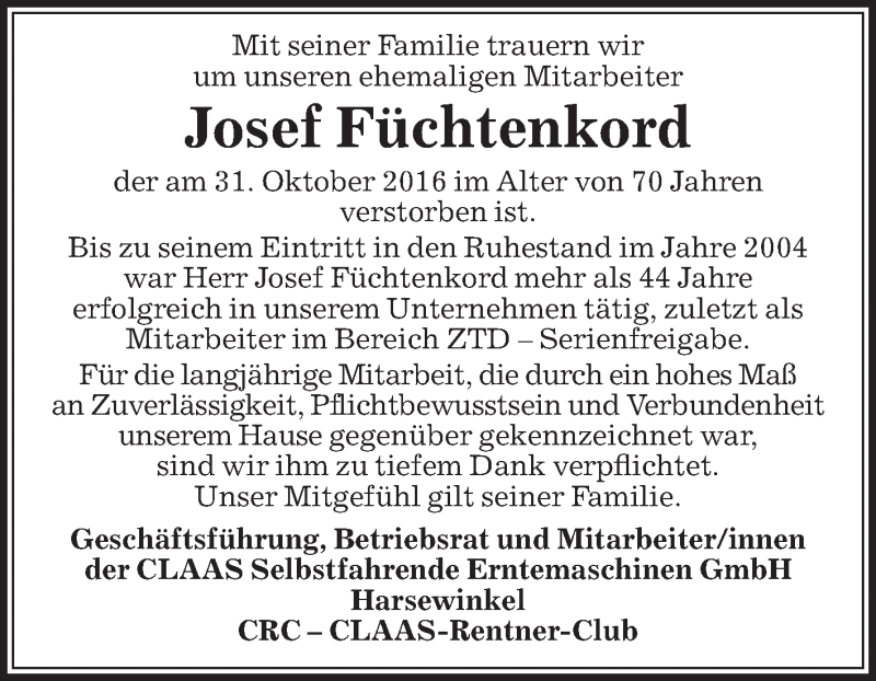  Traueranzeige für Josef Füchtenkord vom 07.11.2016 aus Die Glocke