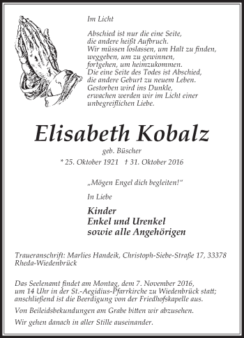 Traueranzeige von Elisabeth Kobalz von Die Glocke