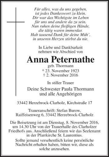 Traueranzeige von Anna Peternathe von Die Glocke