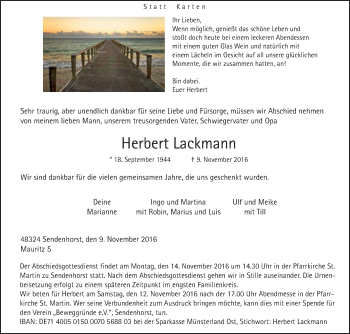 Traueranzeige von Herbert Lackmann von Die Glocke