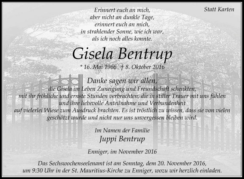  Traueranzeige für Gisela Bentrup vom 17.11.2016 aus Die Glocke