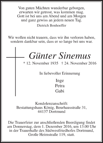 Traueranzeige von Günter Sinemus von Die Glocke