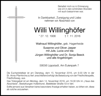 Traueranzeige von Willi Willinghöfer von Glocke Trauer