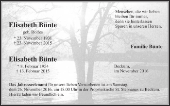 Traueranzeige von Elisabeth Bünte von Die Glocke