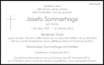 Traueranzeige von Josefa Sommerhage von Glocke Trauer