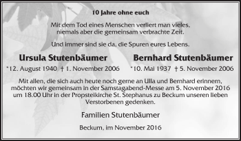 Traueranzeige von Ursula und Bernhard Stutenbäumer von Die Glocke