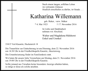 Traueranzeige von Katharina Willemann von Die Glocke