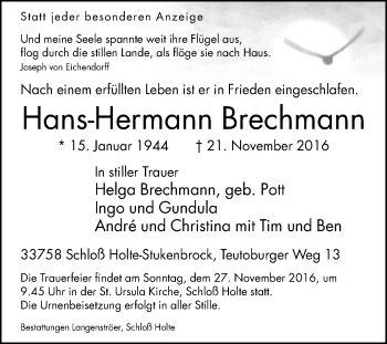 Traueranzeige von Hans-Hermann Brechmann von Die Glocke