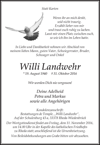 Traueranzeige von Willi Landwehr von Die Glocke