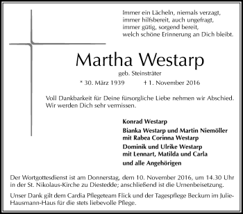 Traueranzeige von Martha Westarp von Die Glocke