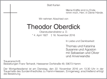 Traueranzeige von Theodor Oberdick von Die Glocke