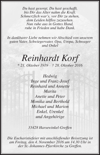 Traueranzeige von Reinhardt Korf von Die Glocke