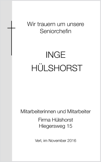 Traueranzeige von Inge Hülshorst von Die Glocke