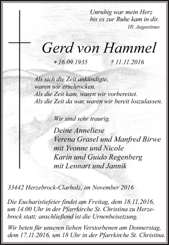 Traueranzeige von Gerd von Hammel von Die Glocke