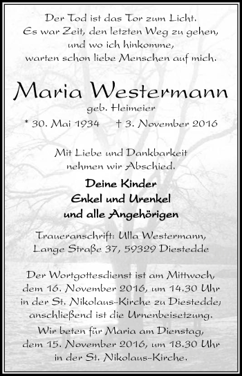 Traueranzeige von Maria Westermann von Glocke Trauer