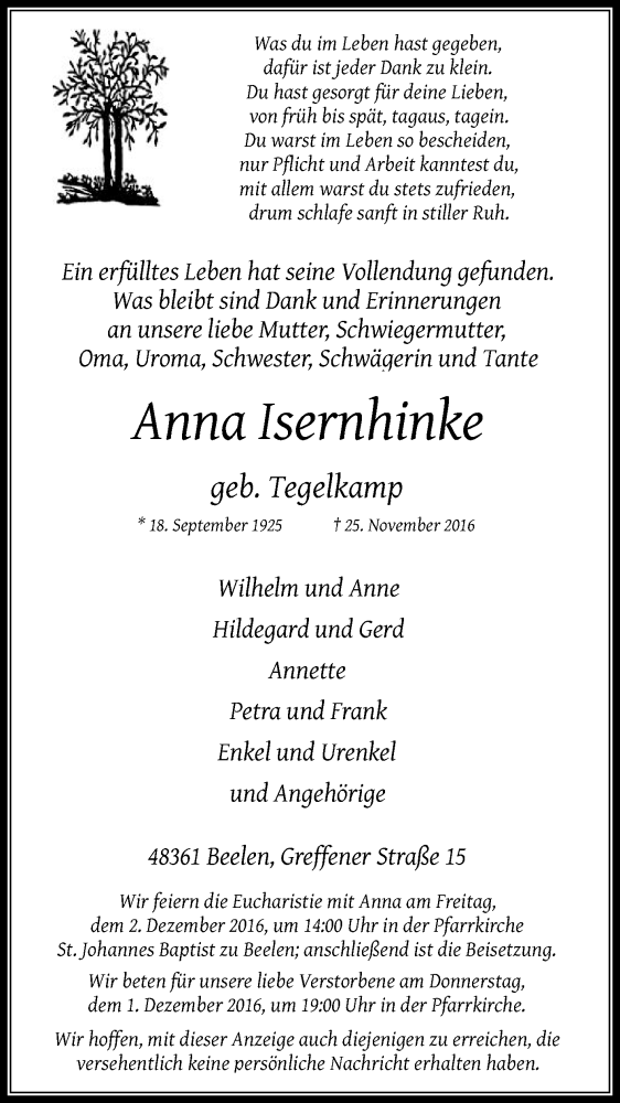  Traueranzeige für Anna Isernhinke vom 30.11.2016 aus Die Glocke