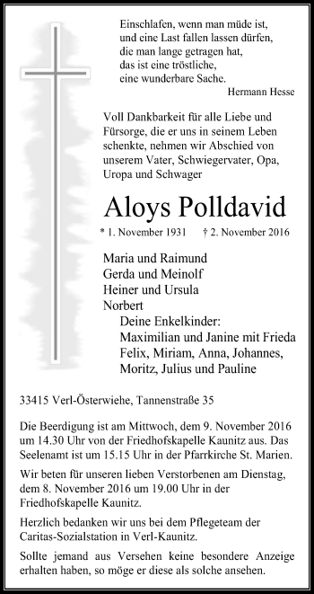 Traueranzeige von Aloys Polldavid von Die Glocke